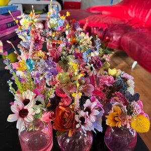 Lot Of 24 Custom Wedding Pink Glass Bud Vases Bundle One-Of-A-Kind With Flowers